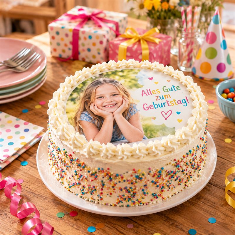 Geburtstagstorte mit personalisiertem Tortenaufleger: Foto eines lachenden Mädchens und der Schriftzug „Alles Gute zum Geburtstag!“